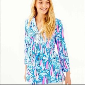 LILLY PULITZER KAIA knit tunic Red Right Return pop-up 3/4 length slv sz SMALL